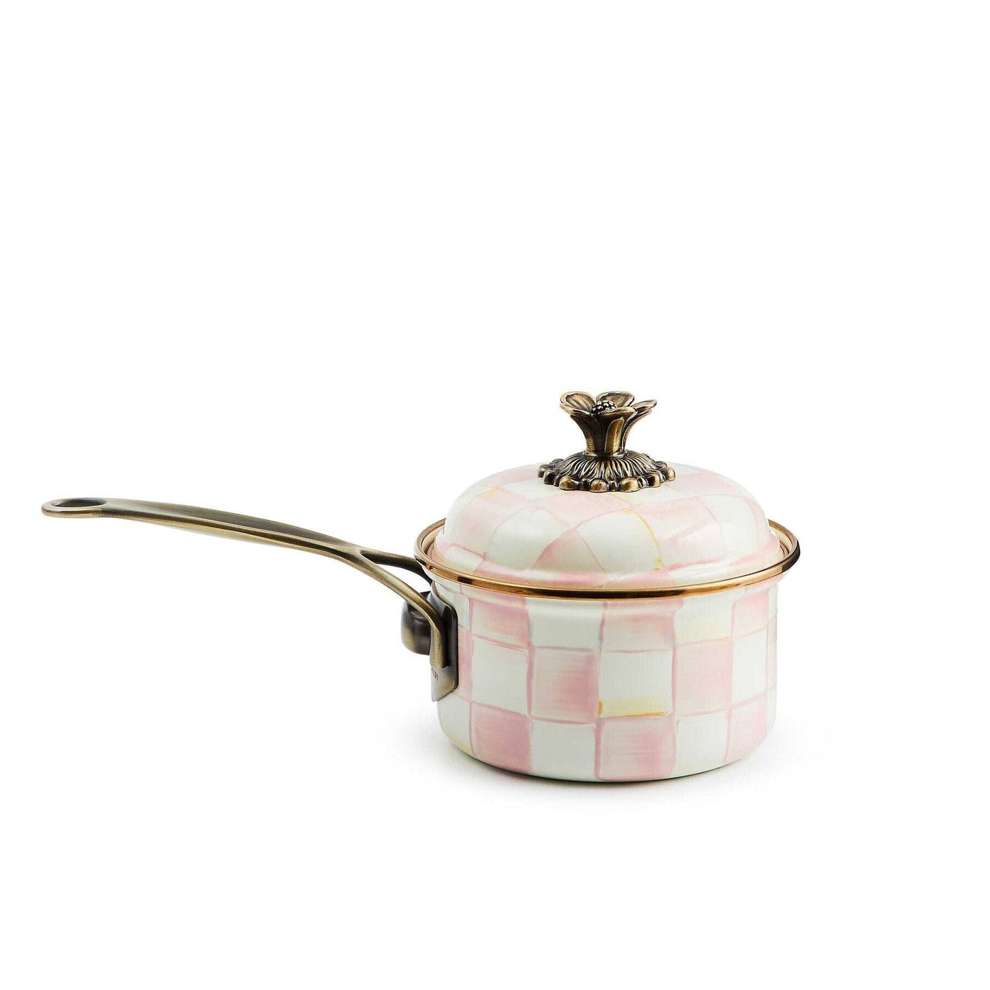 Mackenzie-Childs Rosy Check Enamel 1 Qt. Saucepan