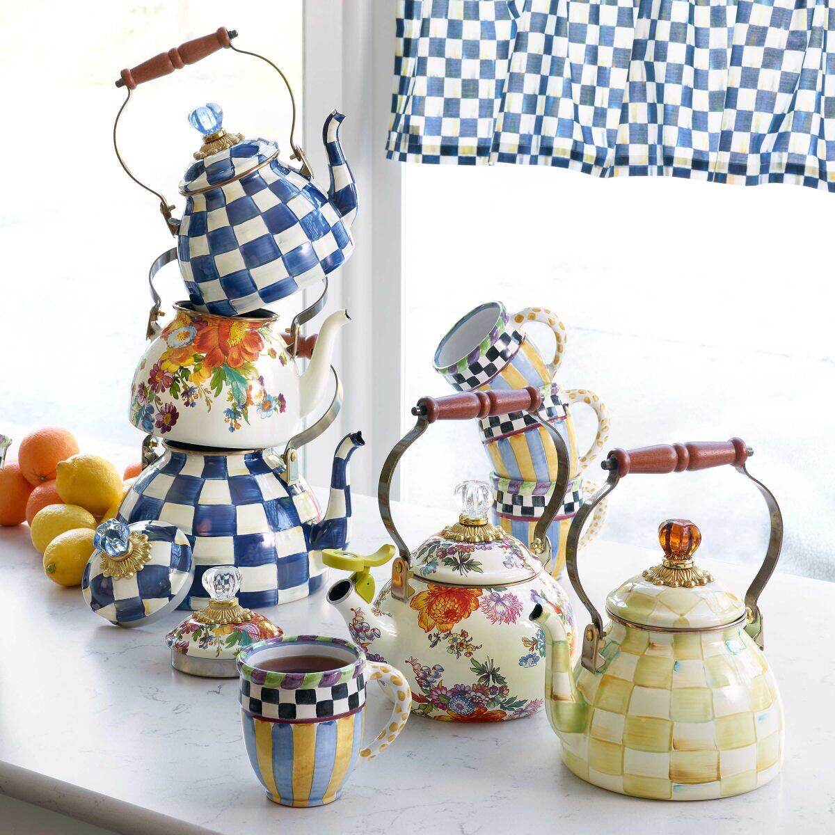 Royal Check Blue Enamel Tea Kettle by Mackenzie-Childs 2.84L