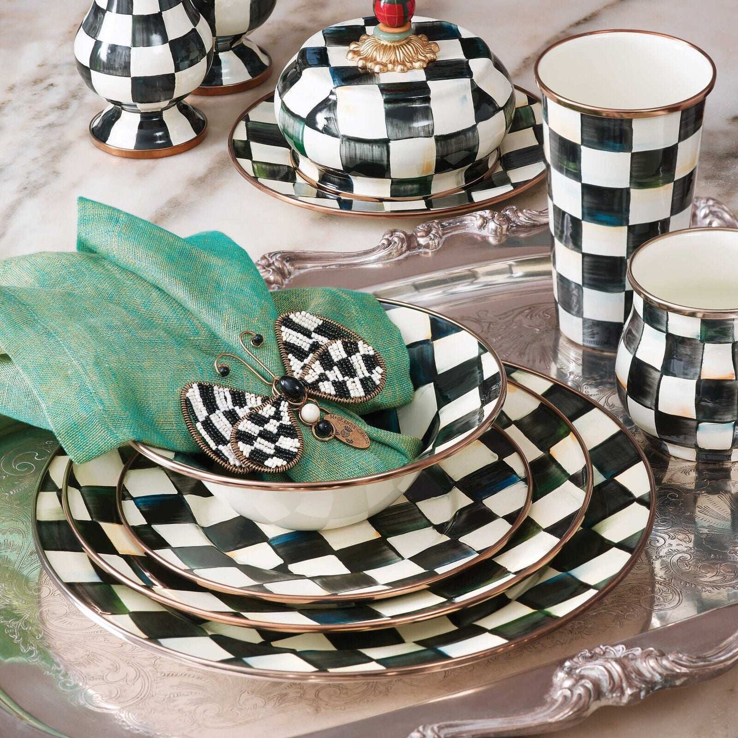 Luxury Dining - Courtly Check Enamel Dinner Plate by Mackenzie Childs