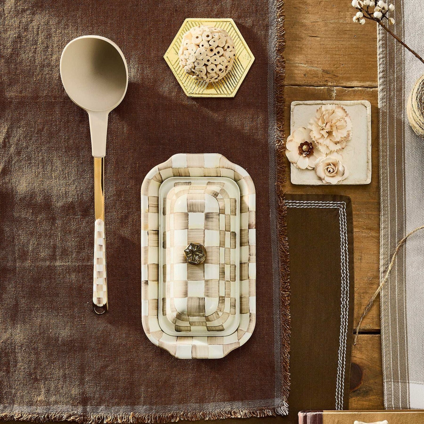Mocha Check Enamel Butter Box by Mackenzie-Childs