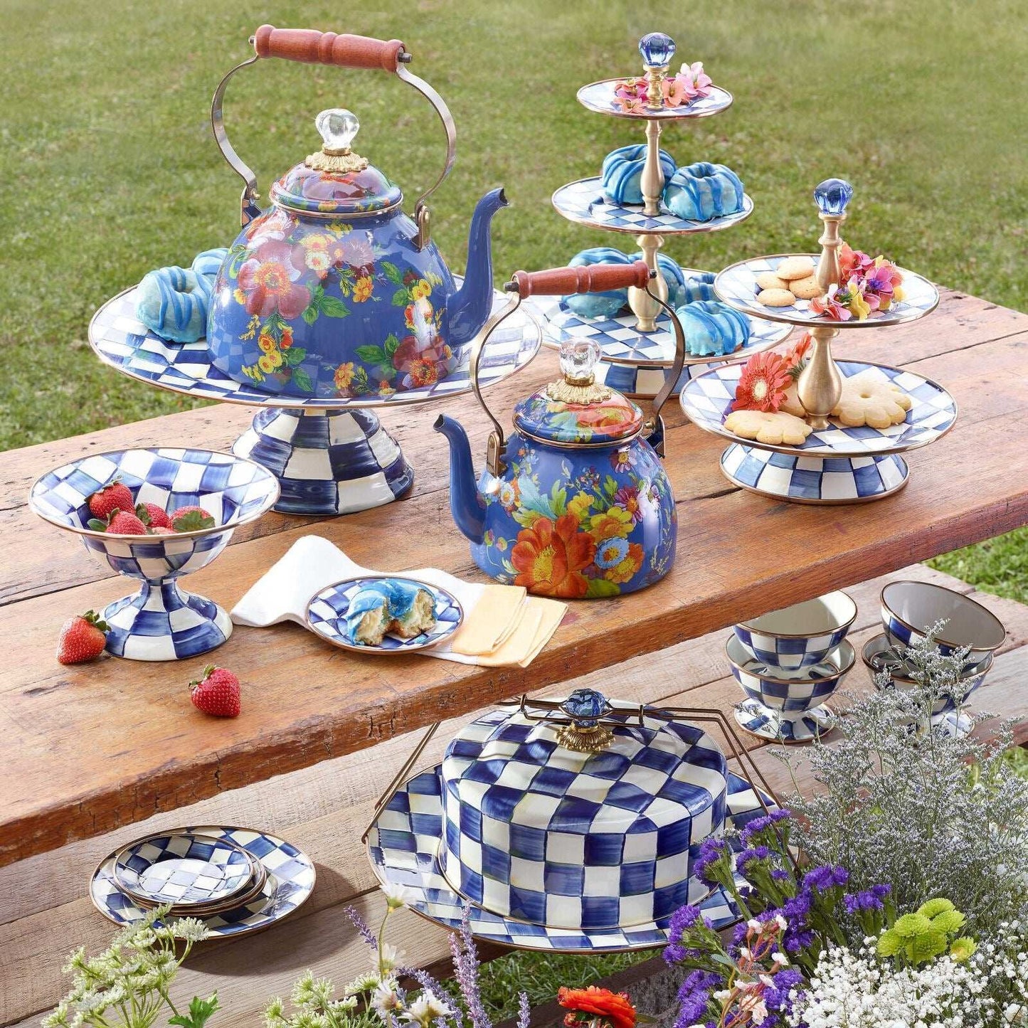 Royal Check Luxury Blue Enamel Two Tier Sweet Stand